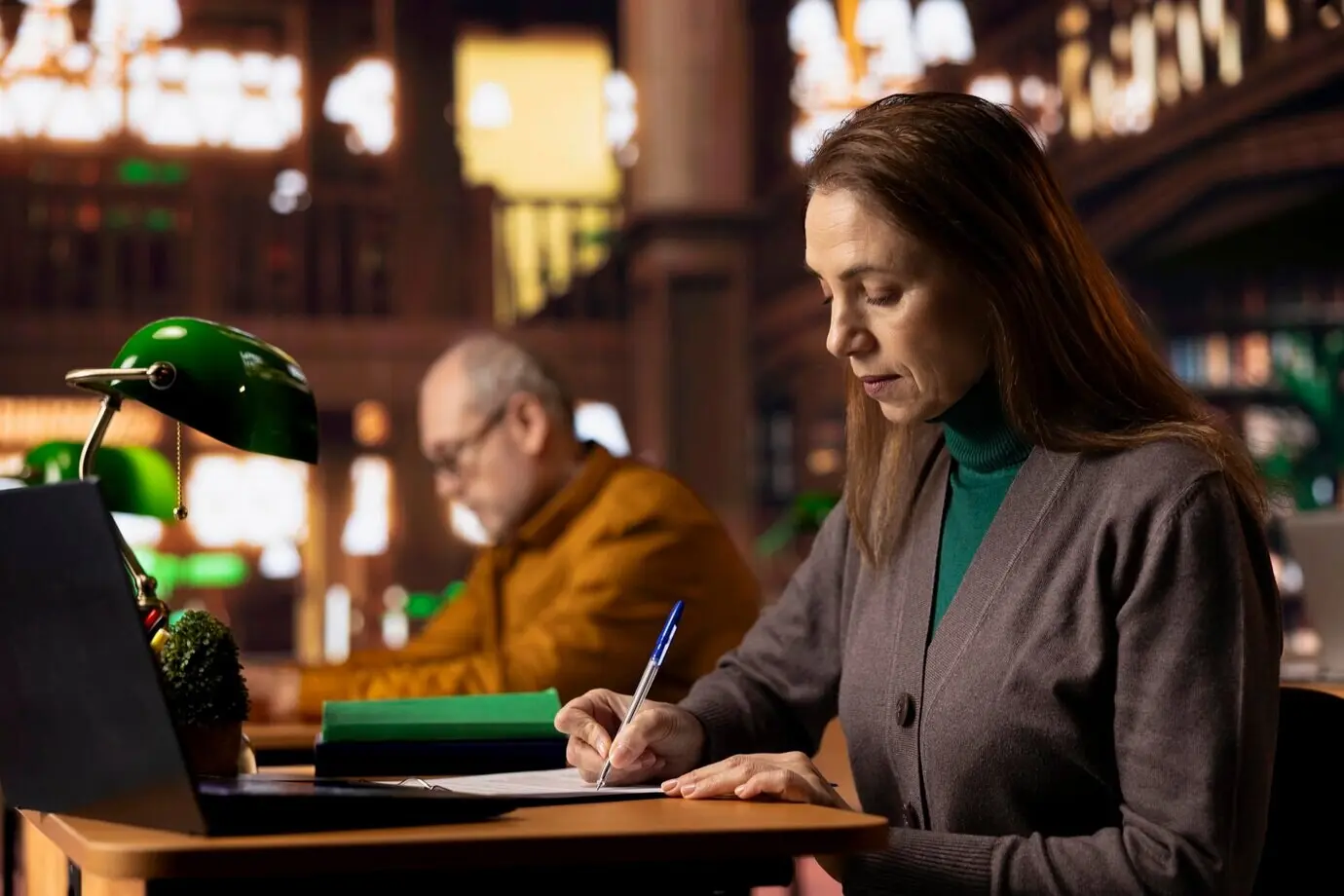 Erwachsene weibliche Schülerin schreibt Unterrichtsnotizen auf den am Klemmbrett befestigten Unterlagen in der Bibliothek.